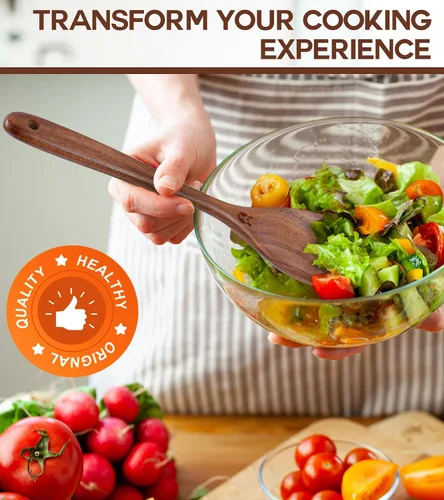 Vista 7 de Cucharas de Madera para Cocinar, Cucharas de Madera de Teca Natural Premium, Cucharas de Cocina Grandes de Buen Agarre y Espátula de Madera