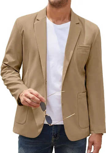Vista 12 de COOFANDY Blazer casual de lino para hombre, ligero, ajuste regular, chaqueta deportiva de traje con un botón 01-caqui claro