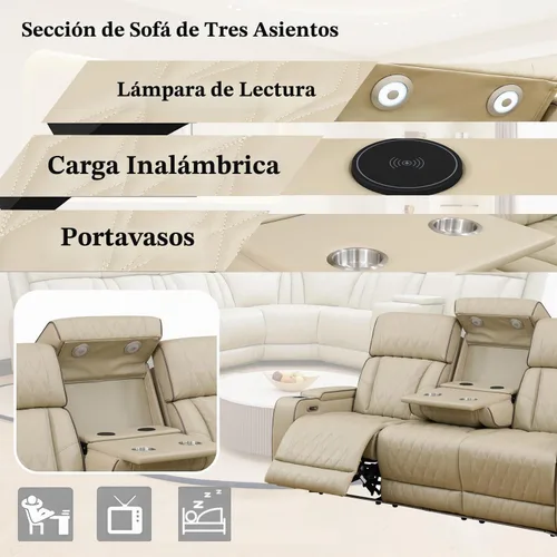 Vista 3 de Juego de sofá modular reclinable eléctrico con luz LED, juego de sofá modular reclinable de cuero, incluye sillón reclinable individual, juego
