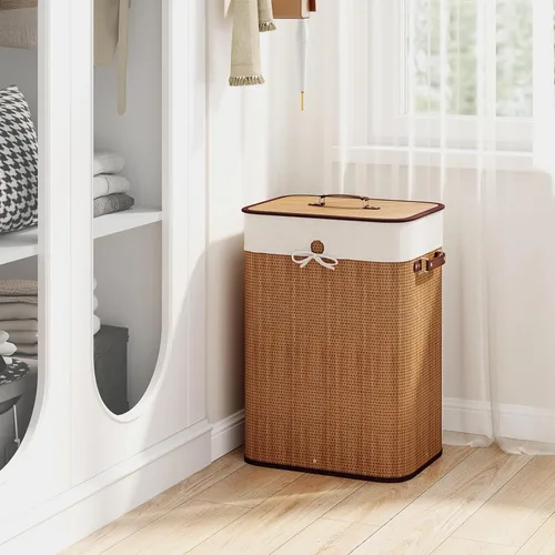 Vista 9 de Cesta de lavandería de bambú Giantex con tapa, cesta grande y alta de 72L para ropa con forro y asas extraíbles, cesta de lavandería rectangular