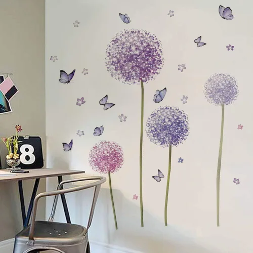 Vista 3 de Runtoo Calcomanías de pared de flores de diente de león, mariposa, calcomanías de pared para dormitorio, sala de estar, decoración de pared Flor