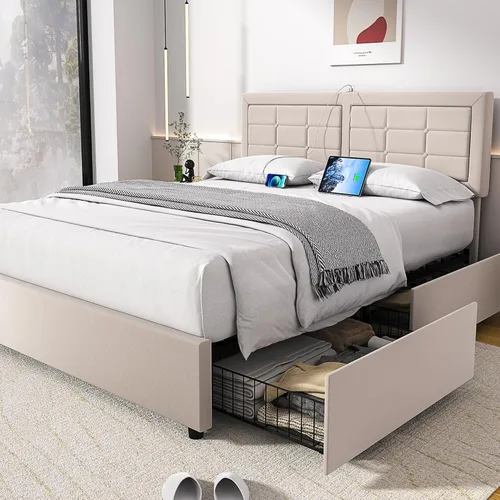 Vista 18 de VECELO Base de cama tamaño matrimonial, cabecera tapizada ajustable con botones, marco de cama resistente con soporte de listones de madera,