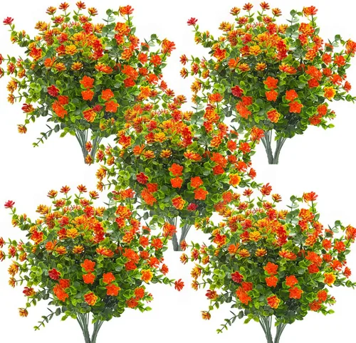 Vista 13 de Grunyia 10 paquetes de flores artificiales falsas, plantas de plástico sintéticas para exteriores, resistentes a los rayos UV, arbustos