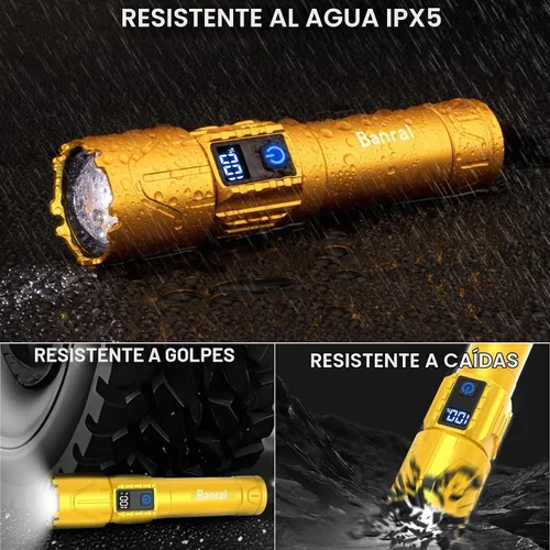 Vista 5 de Linternas recargables Banral de alto lúmen - súper brillante linterna táctica LED, potente linterna impermeable de mano USB C para camping Dorado