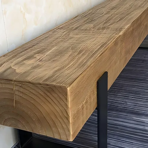 Vista 6 de Banco de comedor de madera, banco de madera para interiores, sin espalda, con patas de metal, silla rústica para patio y jardín, para muebles
