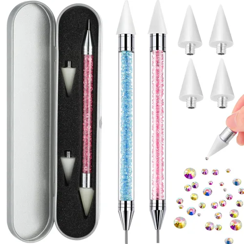 Vista 13 de 2 piezas de lápiz de cera con punta de diamante de imitación y pluma de punteado, selector de gemas de diamante de imitación de doble punta, lápiz