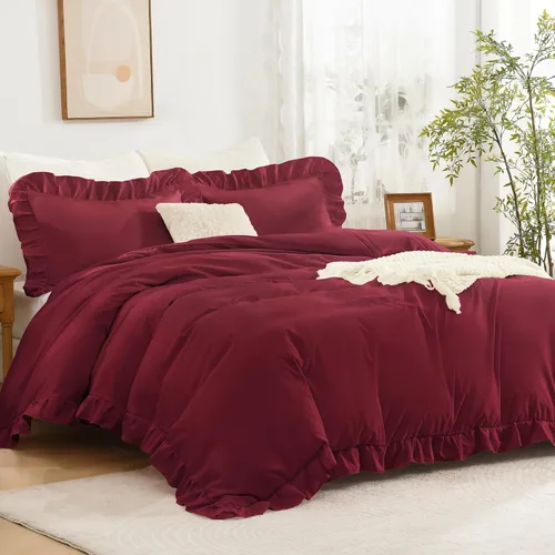 Vista 11 de Andency - Funda de edredón Gingham tamaño Queen, funda de edredón de estilo granjero con volantes en color marrón claro y estilo shabby chic, juego