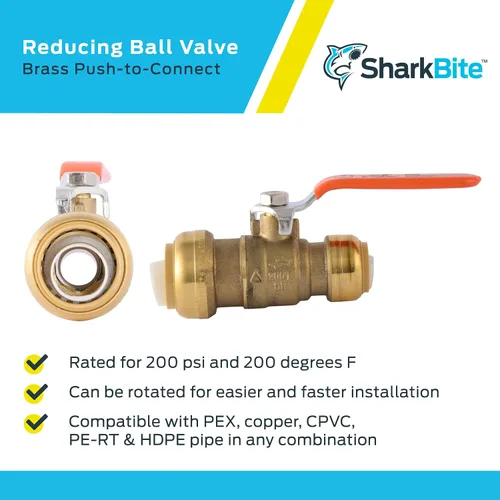 Vista 4 de SharkBite 1 x 3/4 en PTC, válvula de bola reductora, conexión de plomería de cierre de agua de latón de empuje para conectar, 22993LF