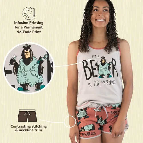 Vista 6 de Lazy One - Pijamas a juego para mujer, lindo conjunto de shorts y camiseta sin mangas, pijamas de verano Oso en Am