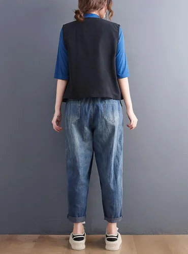 Vista 6 de DOVWOER - Chaleco holgado estilo vintage para mujer con botones y 2 bolsillos
