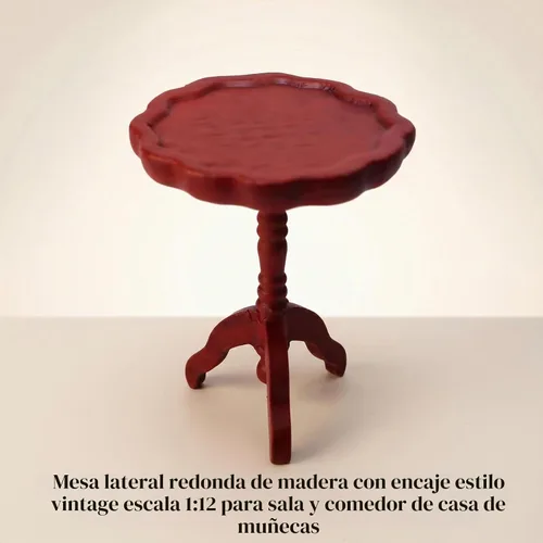 Vista 5 de Mesa auxiliar de casa de muñecas en miniatura, a escala 1:12, muebles de madera, mesa de té lateral redonda, modelo para casa de muñecas, sala
