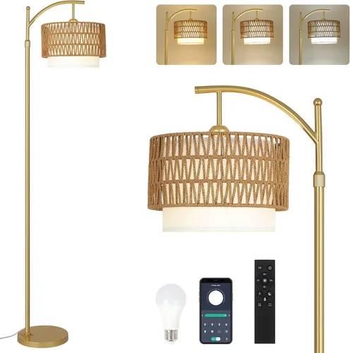 Vista 10 de Lámpara de pie de arco con control remoto, lámpara de pie LED regulable con 3 temperaturas de color, lámpara de pie negra con pantalla de doble