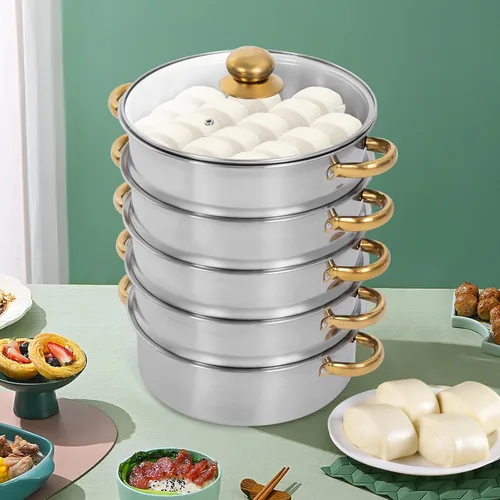 Vista 3 de Olla de vapor, olla de vapor de acero inoxidable de 5 niveles con práctica asa de tapa, utensilios de cocina multiusos de 5.0 cuartos de galón