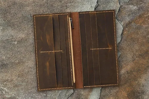 Vista 4 de Distressed Leather Men long walletslim vertical bifold walletPersonalized leather clutch card holder travel wallets -W005LZM