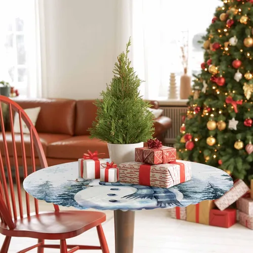Vista 4 de Mantel redondo de Navidad de 36 a 44 pulgadas, mantel impermeable con borde elástico para fiestas de vacaciones en interiores y exteriores, árbol