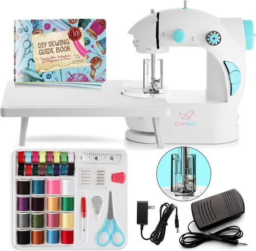 Vista 12 de CraftBud Mini máquina de coser para principiantes, máquina de coser portátil de doble velocidad para niños y adultos con mesa de extensión, juego
