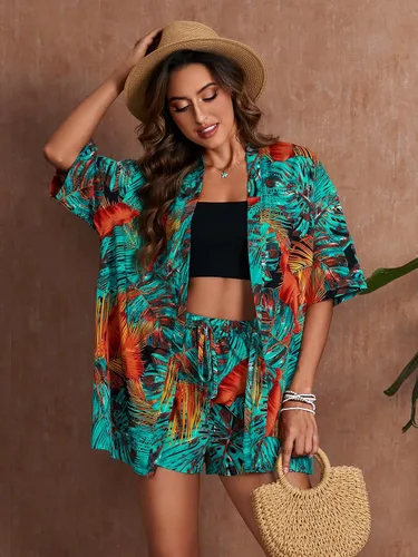 Vista 6 de MakeMeChic conjunto de 2 piezas para mujer estilo boho, blusa kimono tropical con frente abierto y pantalones cortos