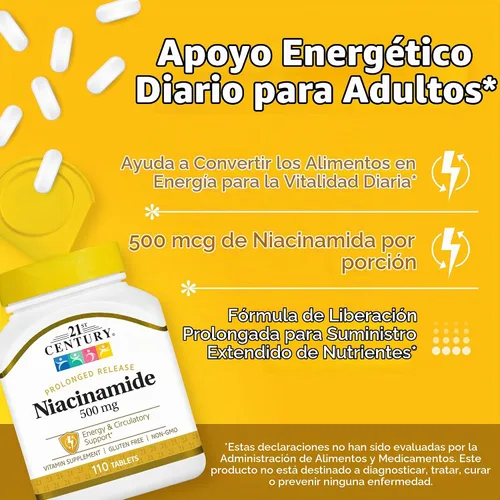 Vista 2 de 21st Century Tabletas de liberación prolongada de 500 mg de niacinamida, 110 unidades Vitamin B-3 Niacinamide 500 mg, Energy Metabolism & Skin