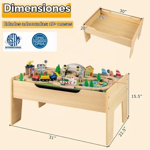 Vista 3 de GLACER - Mesa de tren, 78 piezas de madera con parte superior reversible