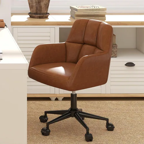 Vista 8 de HNY Silla de escritorio moderna de piel sintética, altura ajustable, cómoda silla giratoria de maquillaje con ruedas para sala de estar, computadora
