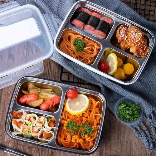 Vista 6 de Lonchera portátil de acero inoxidable 304 Bento Box Lunch Containers Caja de almacenamiento de alimentos con 4 compartimentos vajilla