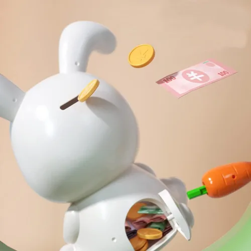 Vista 4 de Totority Banco de monedas de plástico para niños y niñas, adorable forma de conejo, para regalo de cumpleaños