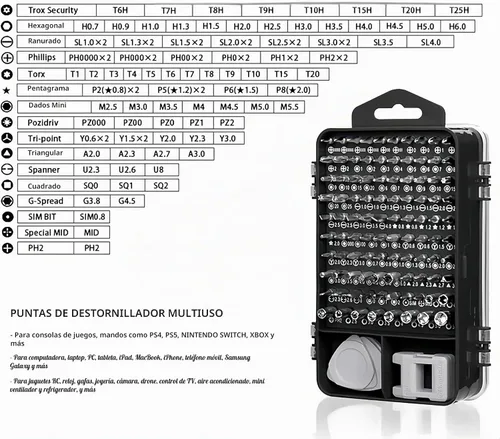 Vista 2 de Juego de 115 piezas de destornilladores de precisión para teléfono, computadora, reloj, consola, lentes, electrónico - Kit profesional