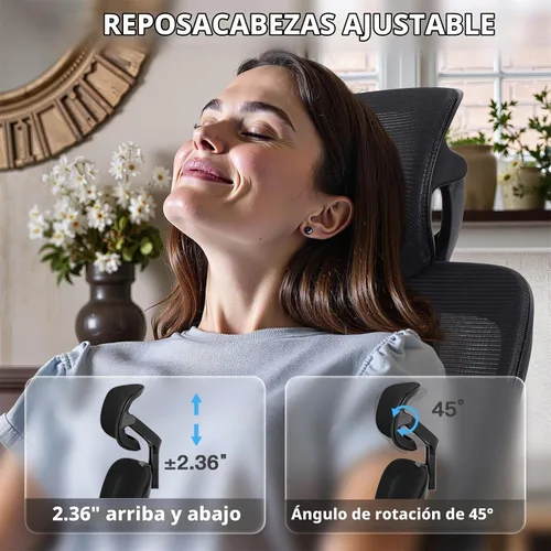 Vista 4 de Silla de oficina ajustable, silla de computadora ergonómica con soporte lumbar y reposacabezas, silla ejecutiva de respaldo alto con función