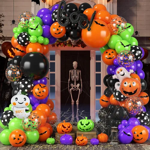 Vista 9 de Jobkoo Kit de guirnalda de arco de globos de Halloween, globos de confeti negro, morado, naranja, globos de confeti de Halloween, cumpleaños, baby