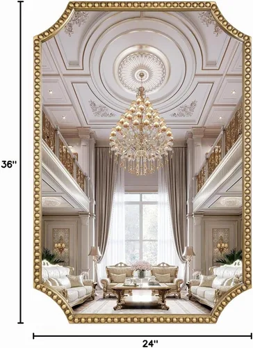 Vista 8 de Espejo de pared de 24 x 36 pulgadas, espejo decorativo rectangular de esquinas festoneadas, marco de cuentas de metal, decoración de pared para Oro