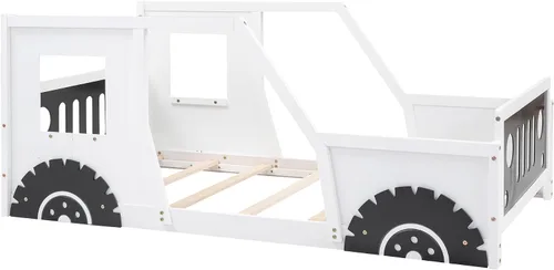 Vista 8 de Polibi Cama de plataforma, tamaño individual, cama clásica de madera en forma de automóvil con ruedas, cabecero, estribo, puertas, ventanas