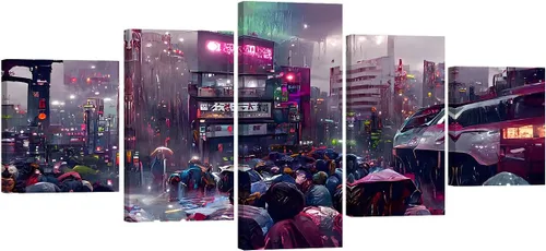 Vista 39 de Lienzo decorativo para pared, diseño de ciudad futurista Cyberpunk para sala de estar, impresión multipanel, obra de arte de cocina, pintura