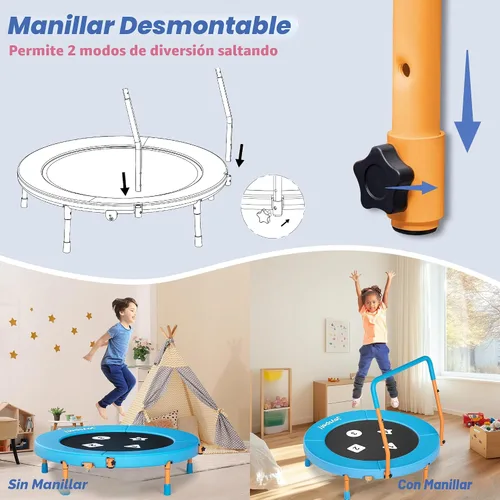 Vista 8 de 3FT Toddler Trampoline with Adjustable Handlebar, 36" Foldable & Spring-Free, Mini Kids Indoor Outdoor Trampoline for Ages 1-6, Noiseless Jumping