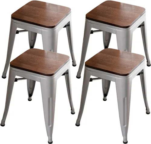 Vista 13 de HAOBO Home Taburete de metal industrial moderno con asiento de madera [Juego de 4] Silla de comedor apilable de 18 pulgadas, taburetes cortos Sin