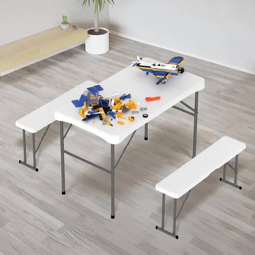Vista 9 de VINGLI Juego de mesa de picnic con 2 bancos, juego de sillas de mesa de campamento de 6 pies, material HDPE resistente con marco de metal, muebles