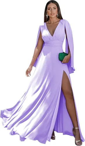 Vista 31 de Women's Long Sleeve Bridesmaid Dresses V-Neck Chiffon Ruched Formal Dress Evening Gown with Slit