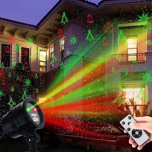 Vista 7 de Proyector de luces de Navidad al aire libre, luces láser de Navidad foco espectáculo de estrellas rojas y verdes con control remoto inalámbrico RF