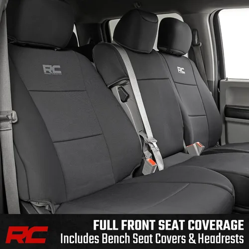 Vista 2 de Rough Country Fundas de asiento delantero y trasero de neopreno para Ford F-150, Lightning, F-250 y F-350 (2015-2026) Crew Cab con asiento delantero