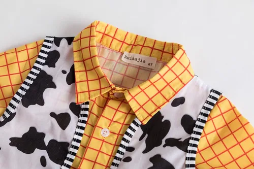 Vista 3 de Ruikajia Camisa Woody para niños, disfraz de vaquero para Halloween, cosplay, Toy Story, disfraz clásico de Woody