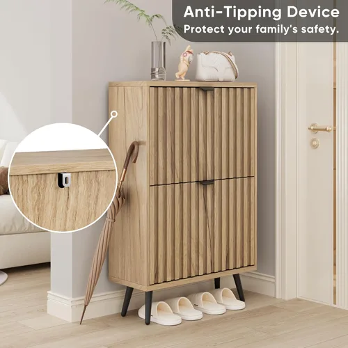 Vista 6 de Smuxee Armario de zapatos con 2 cajones abatibles, gabinete de almacenamiento de zapatos oculto natural de 23.6 pulgadas con diseño estriado