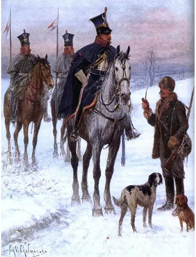 Vista 7 de Wee Blue Coo Póster enmarcado de pintura de Jan Chelminski, caballería, guerra napoleónica, Polonia, póster enmarcado para decoración de pared, 12 x