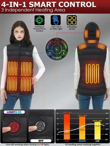 Vista 3 de Ririgans Chaleco térmico para mujer, capucha térmica retráctil con batería de 7.4 V 16000 mAh, 10 zonas de calefacción, 4 niveles de calefacción