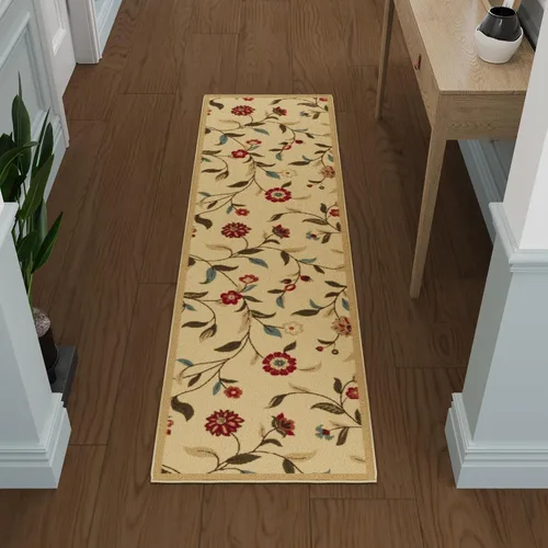Vista 9 de Ottomanson, colección OttoHome, tapete para corredor con diseño azul claro y damasco (antiderrapante), parte trasera de goma Floral Beige