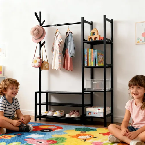 Vista 2 de Organizador de armario independiente 4 en 1 con perchero y zapatero y 5 estantes laterales, perchero de madera resistente para colgar ropa, armario