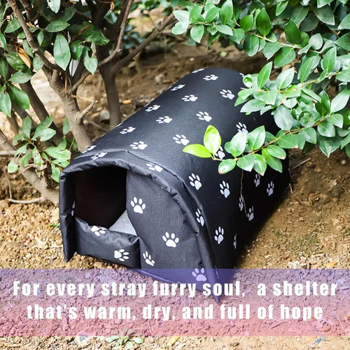 Vista 4 de Casa de invierno para gatos para exteriores, resistente a la intemperie, impermeable, impermeable, plegable, relleno de algodón grueso, refugio