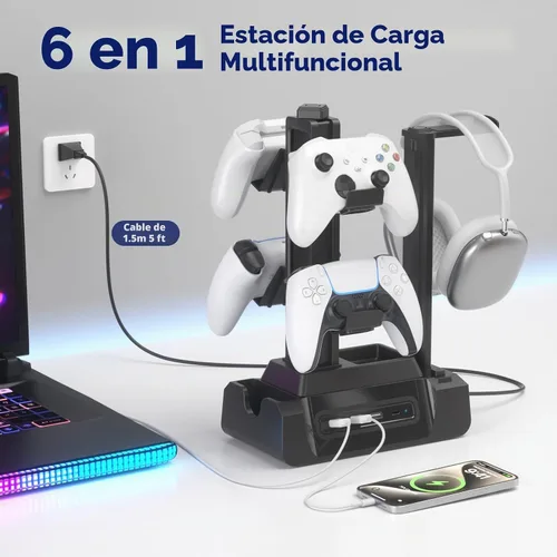 Vista 8 de KDD Estación de carga para múltiples dispositivos - Base de carga de 4 puertos con controlador y soporte para auriculares - 3 USB A y 1 USB C
