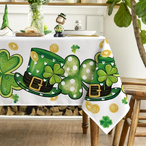 Vista 4 de Horaldaily Mantel del Día de San Patricio de 52 x 70 pulgadas, sombrero de trébol blanco lavable para fiesta, picnic y cena