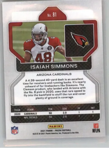 Vista 2 de 2021 Prizm Football #81 Isaiah Simmons Arizona Cardinals Official NFL Panini Trading Card