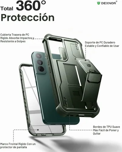 Vista 5 de Dexnor - Funda para Samsung Galaxy S22, [con protector de pantalla y soporte integrados] Funda protectora de grado militar resistente con protección