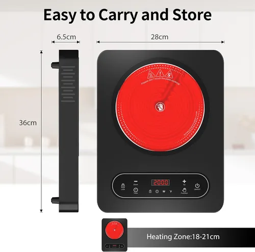 Vista 3 de VBGK - Cocina eléctrica de un solo quemador, estufa eléctrica de 110 V y 1800 W con control táctil LED, 10 niveles de potencia, temporizador de 4 h